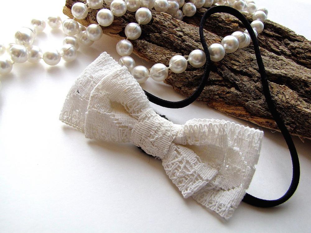 Elastic Headband With Handmade Ribbon Double Bow VINTAGE LACE on Luulla