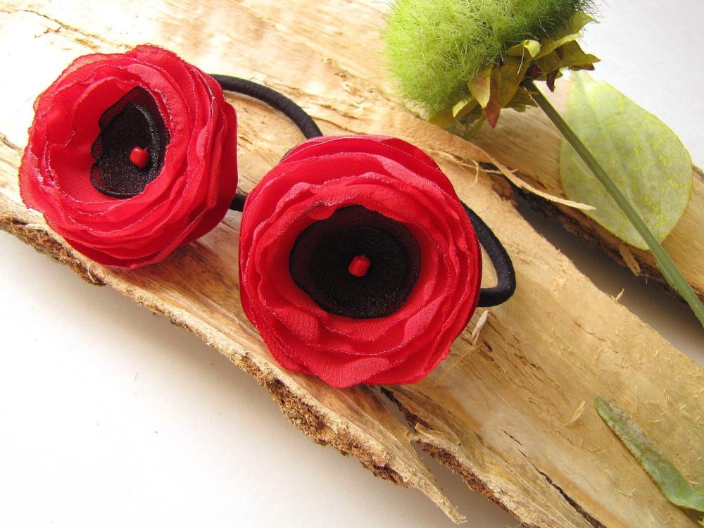 Ponytail Holders With Handmade Fabric Flowers (set Of 2 Pcs)- Red Poppies