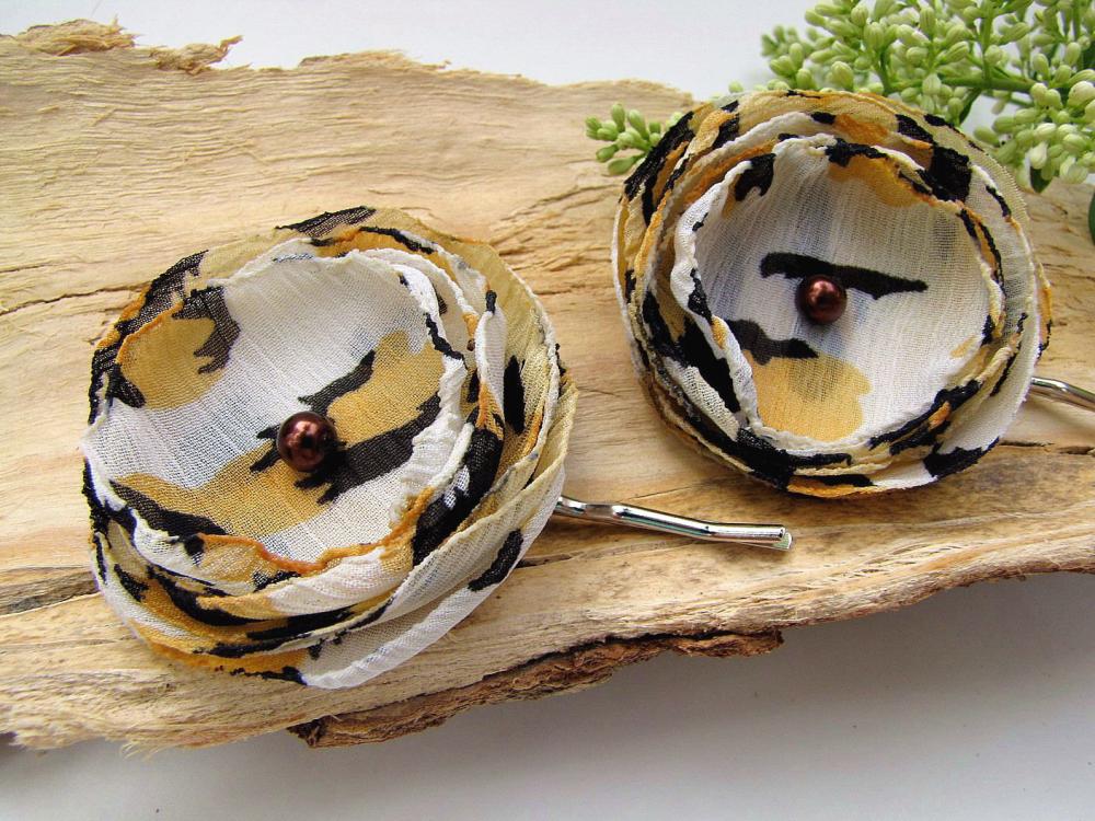 Handmade Bobby Pins With Fabric Flowers (set Of 2 Pcs) - Chiffon Cheetah
