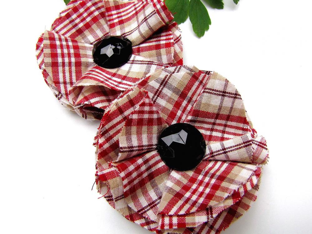 Shoe Clips With Handmade Fabric Flowers (set Of 2 Pcs )- Red Plaid Cotton